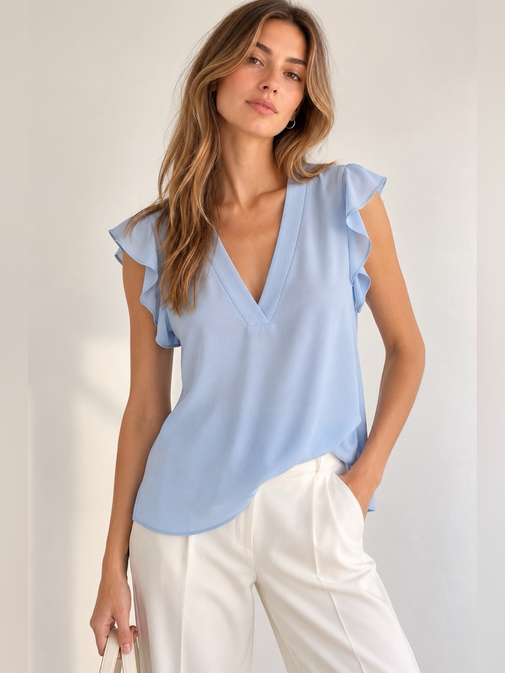 ZARA Woman Baby Blue V-Neck Double Ruffle Sleeve Blouse Size S